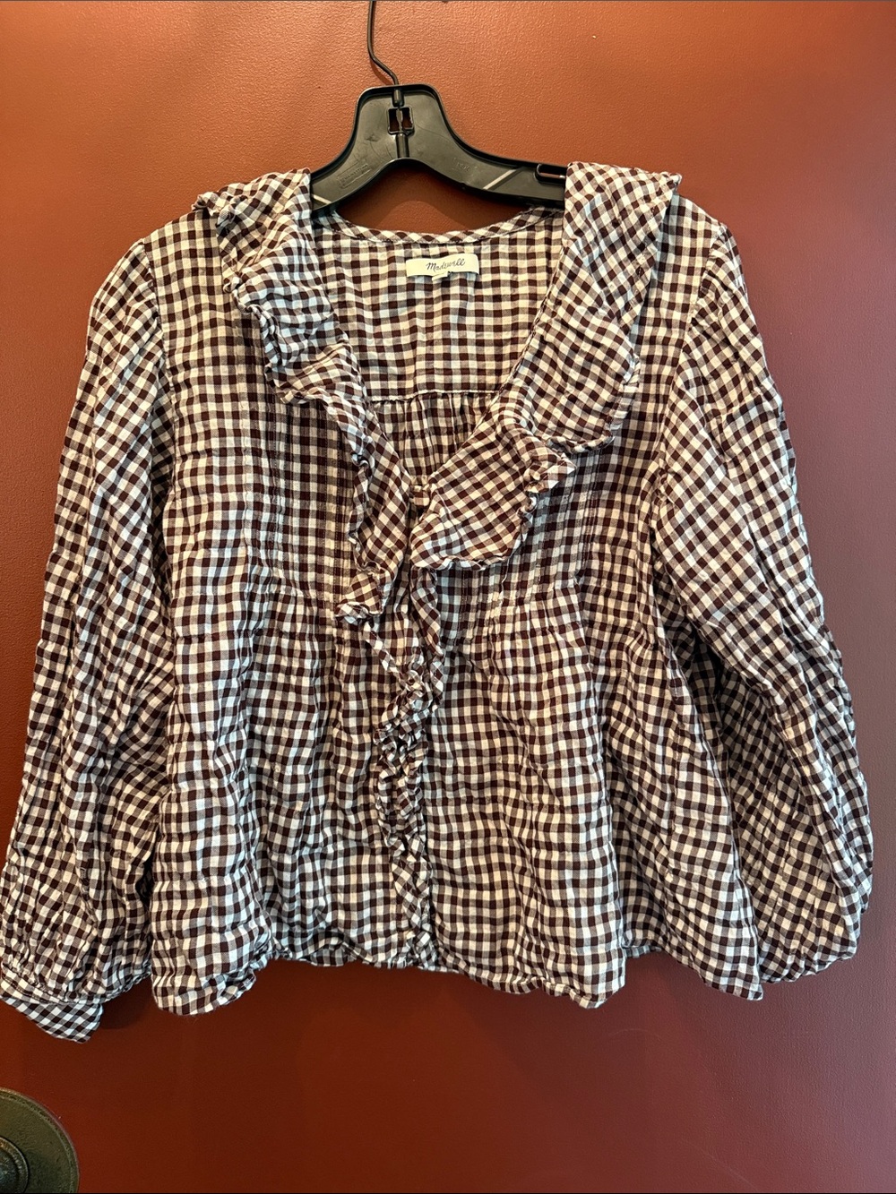 Madewell Brown and White Gingham Ruffle Front Blouse